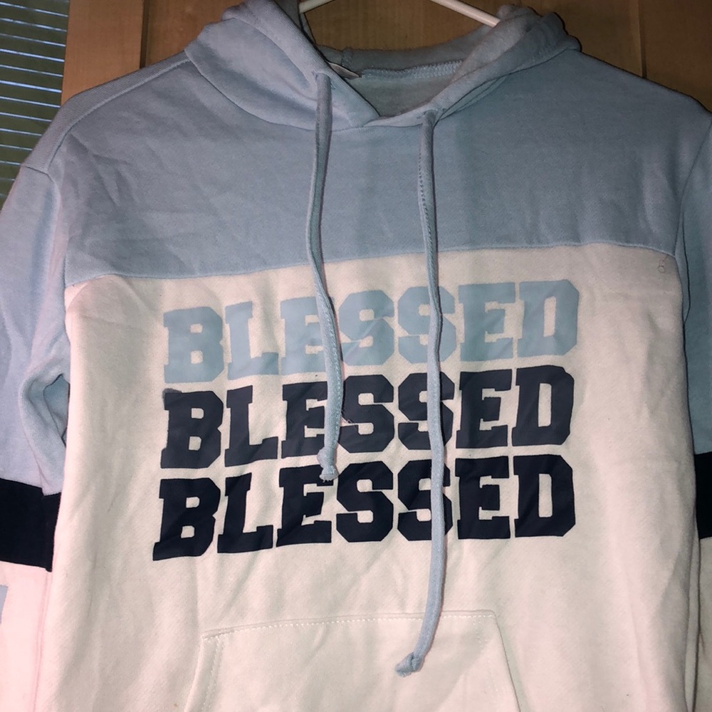 Medium “BLESSED” blue and white pull-over hoodie